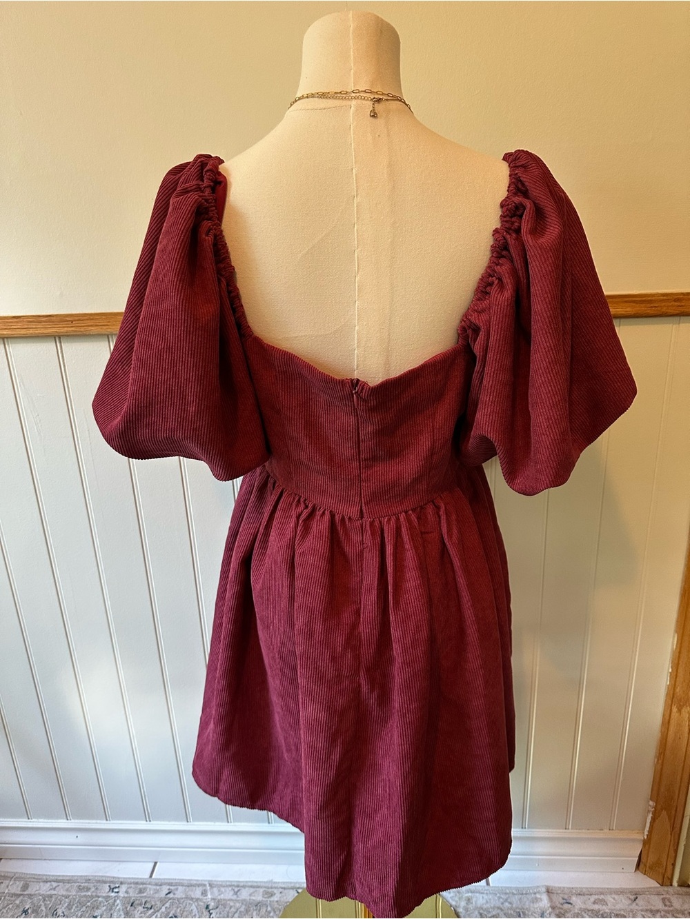 Square Neck Puff Sleeve Mini Dress in Wine - Picture 7 of 7